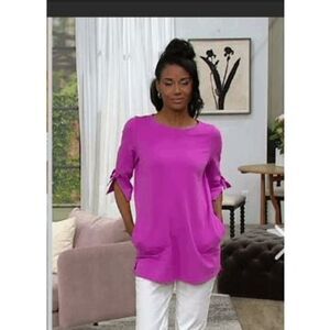 Denim & Co 3X Active French Terry Tunic Top Pink Grommet‎ Tie Sleeve Pockets NWT